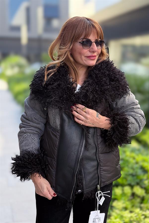 Kot Yamalı Ve Tüylü Mont Siyah Renk