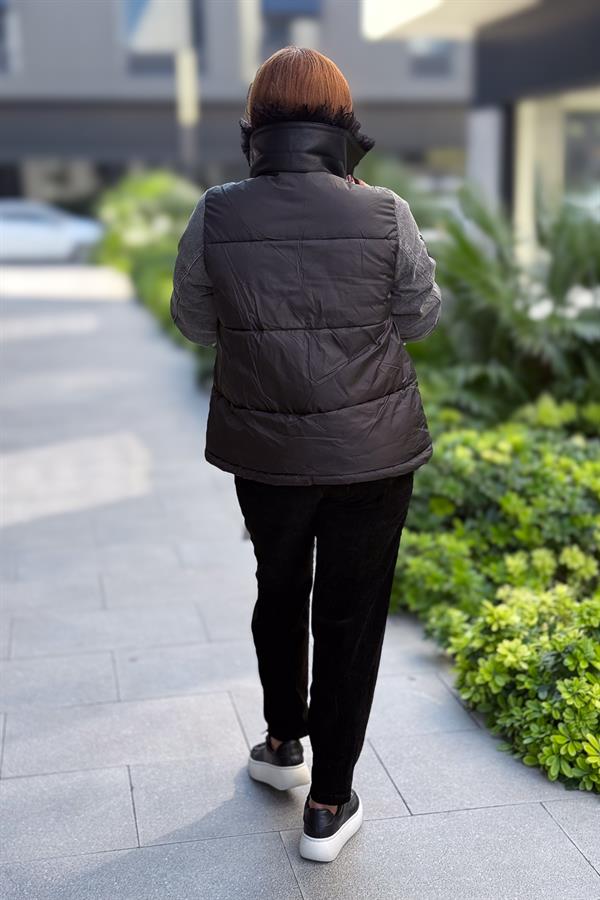 Kot Yamalı Ve Tüylü Mont Siyah Renk