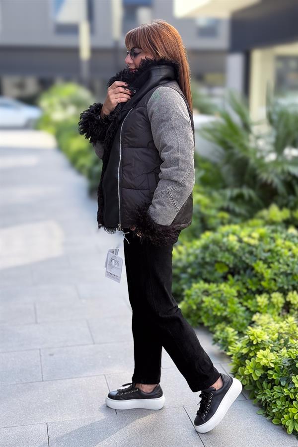 Kot Yamalı Ve Tüylü Mont Siyah Renk