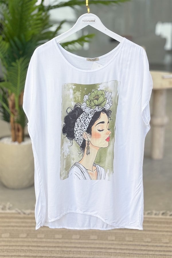 Küpeli Kız Desenli Viskon Tshirt Yeşil RenkBLUZ