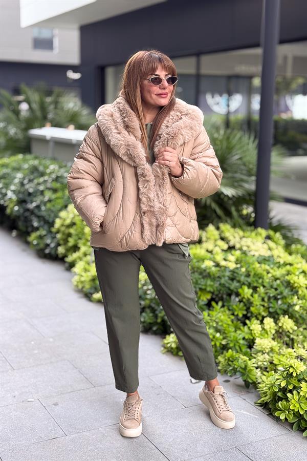 Kürk Yakalı Kalp Cıtcıtlı Mont Camel Renk