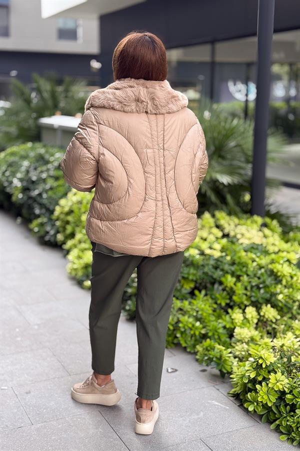 Kürk Yakalı Kalp Cıtcıtlı Mont Camel Renk