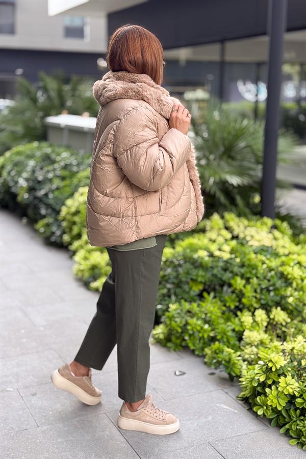 Kürk Yakalı Kalp Cıtcıtlı Mont Camel Renk