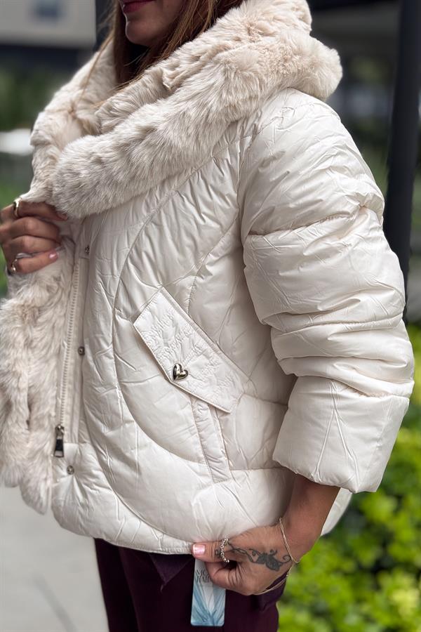 Kürk Yakalı Kalp Cıtcıtlı Mont Krem Renk