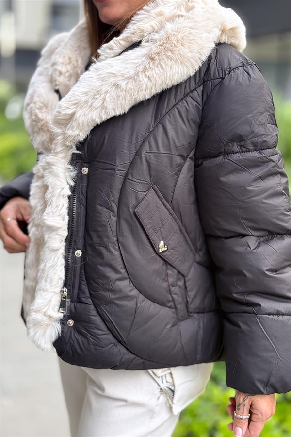 Kürk Yakalı Kalp Cıtcıtlı Mont Siyah Renk