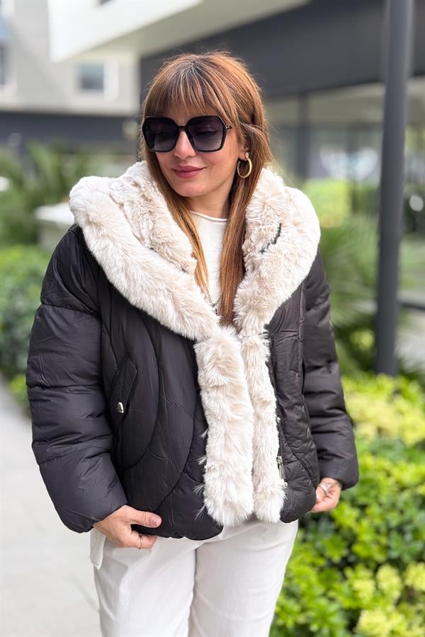 Kürk Yakalı Kalp Cıtcıtlı Mont Siyah Renk