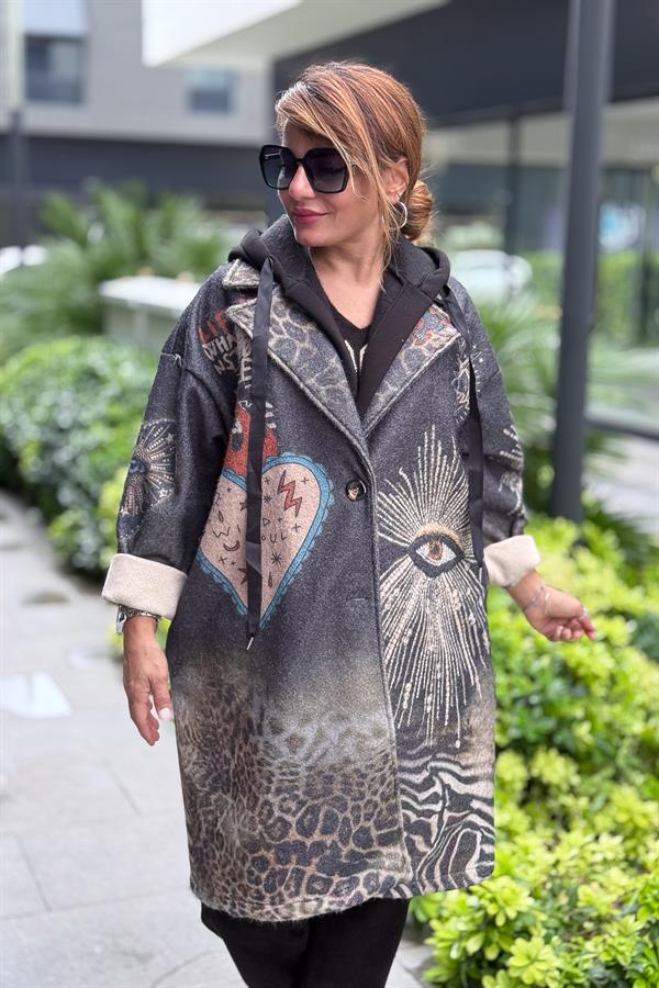 Kuş Desenli Kapüşonlu Uzun Keçe Kaban Antresit Renk