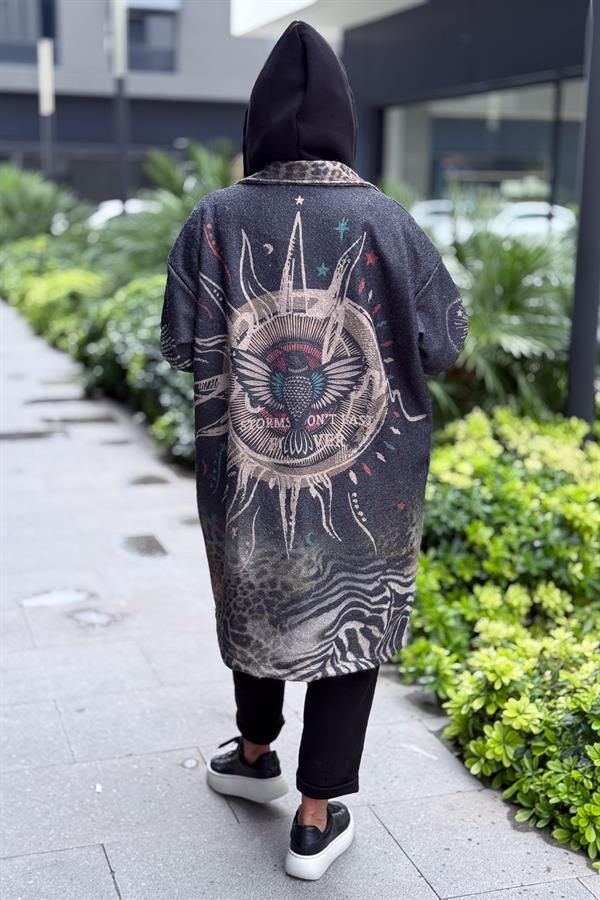 Kuş Desenli Kapüşonlu Uzun Keçe Kaban Antresit Renk