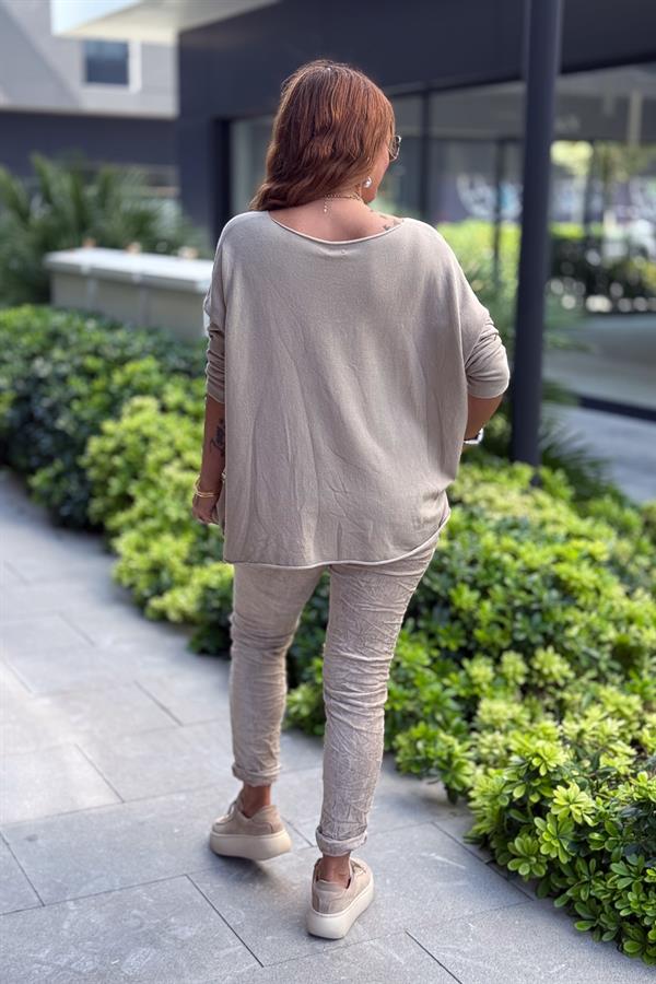 Kuzu Yünü V Yaka Triko Açık Vizon Renk