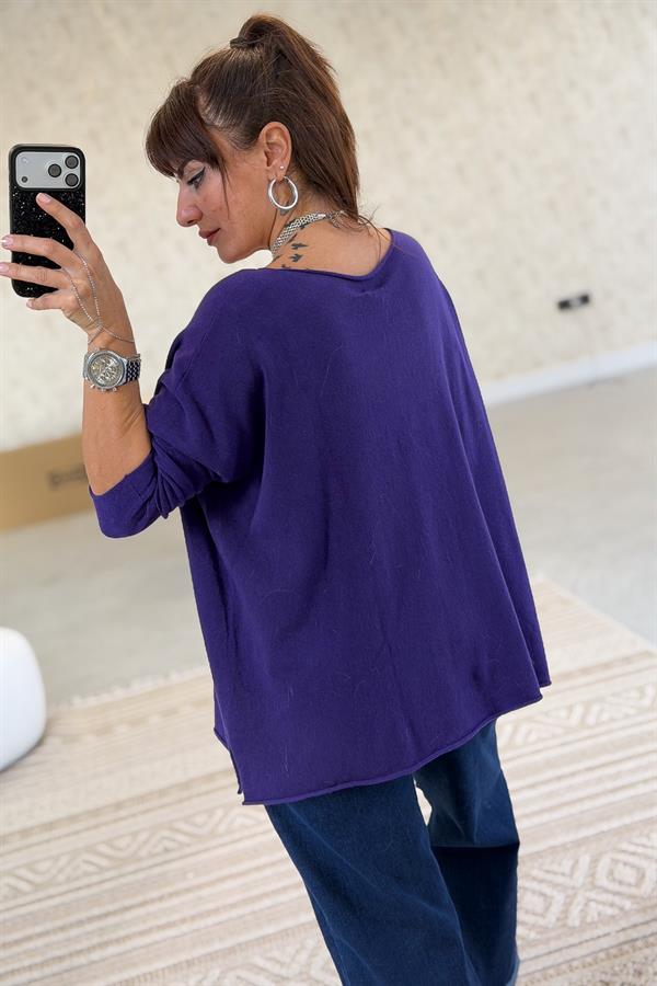 Kuzu Yünü V Yaka Triko Mor Renk