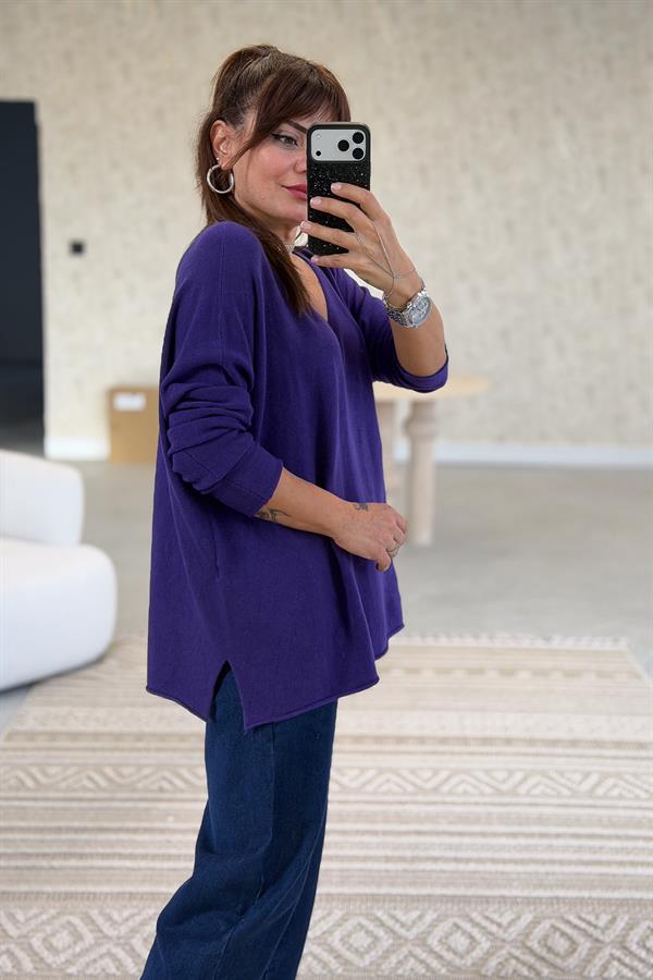 Kuzu Yünü V Yaka Triko Mor Renk