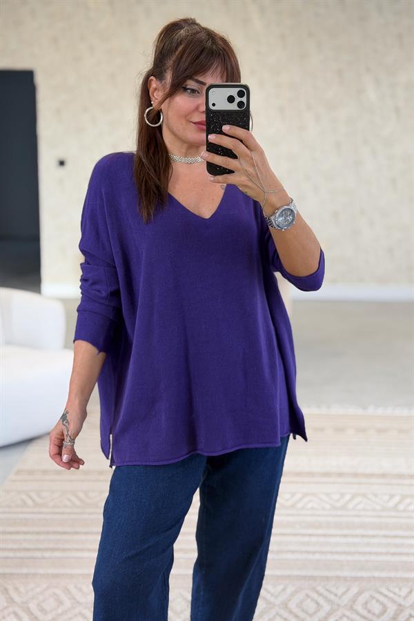 Kuzu Yünü V Yaka Triko Mor Renk