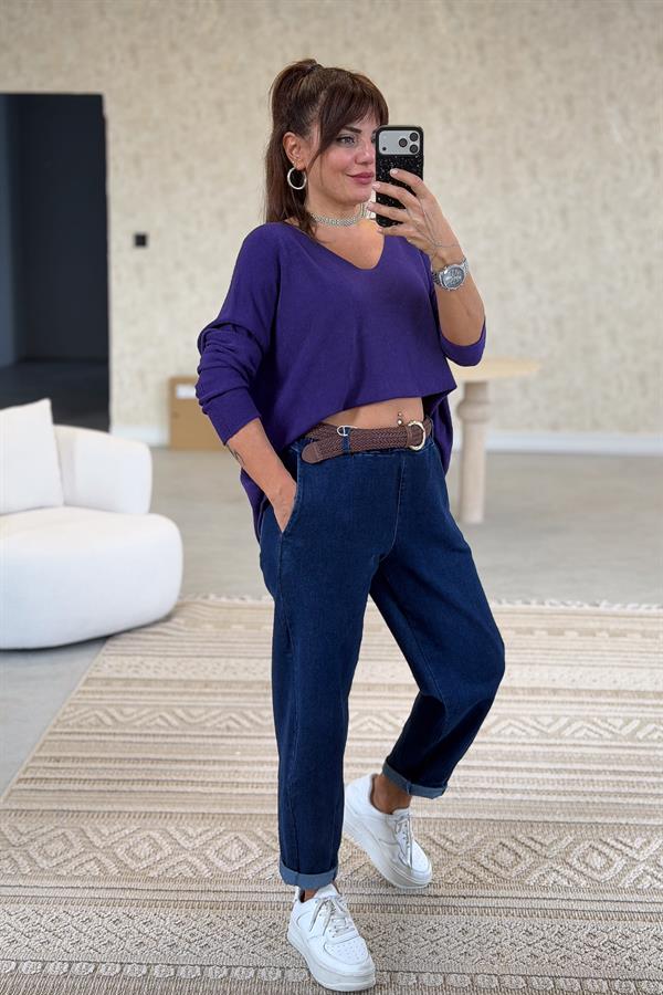 Kuzu Yünü V Yaka Triko Mor Renk