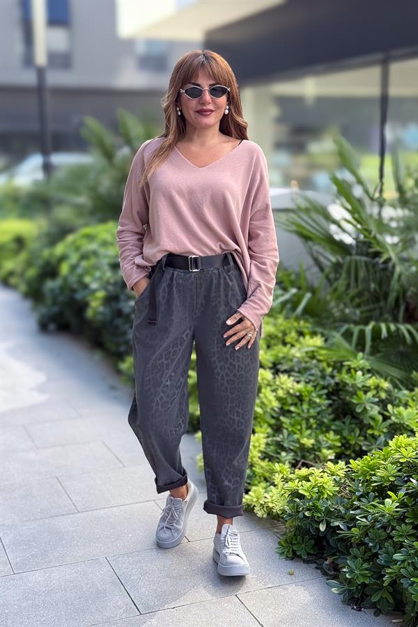 Kuzu Yünü V Yaka Triko Pudra Renk