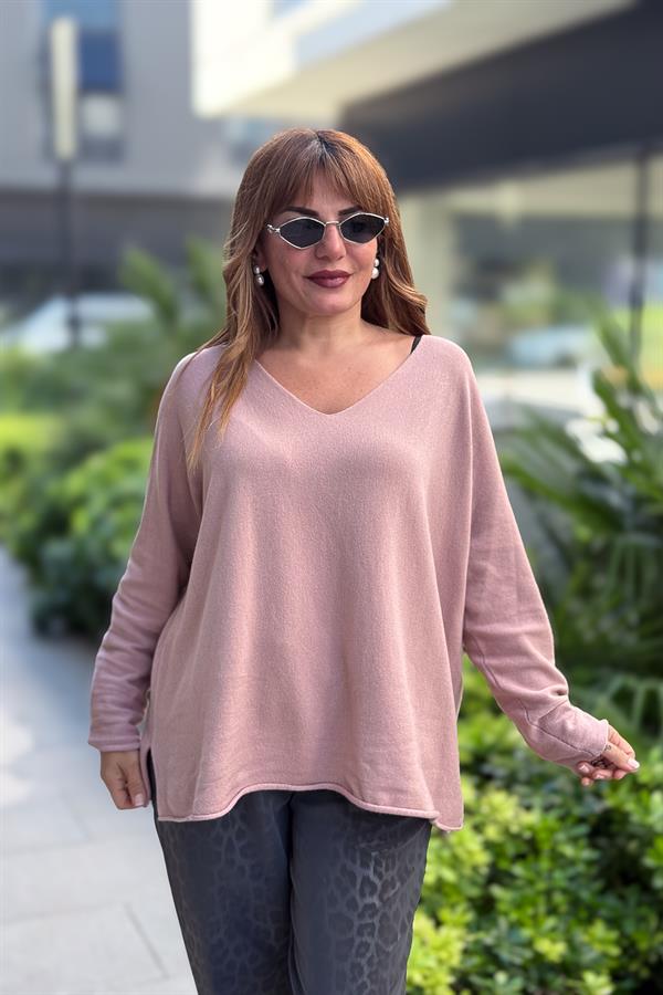 Kuzu Yünü V Yaka Triko Pudra Renk
