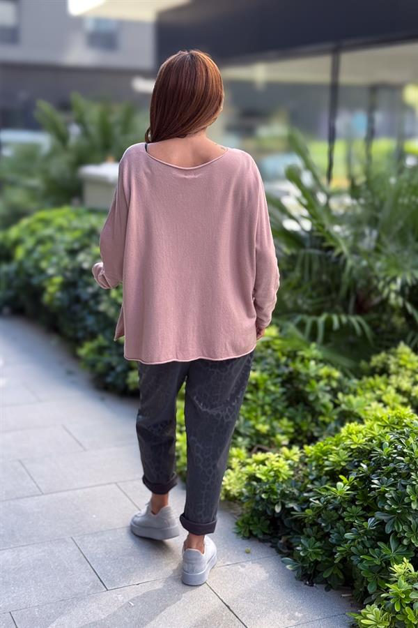 Kuzu Yünü V Yaka Triko Pudra Renk