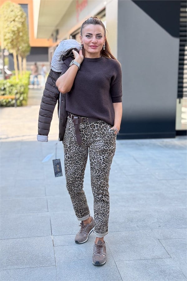Leopar Desen Kemerli Likralı Pantolon Bej Renk