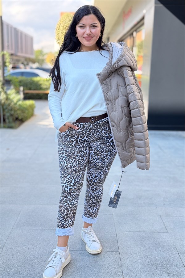 Leopar Desen Kemerli Likralı Pantolon Beyaz Renk