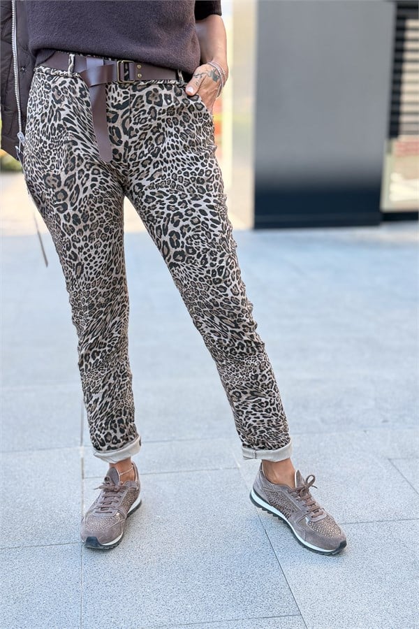 Leopar Desen Kemerli Likralı Pantolon Vizon RenkPANTOLON