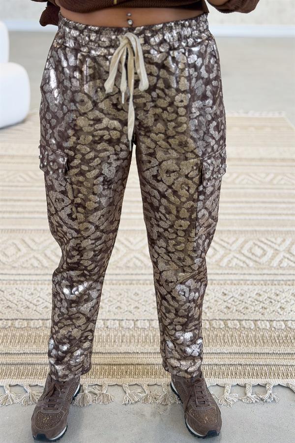 Leopar Desen Zımba Taşlı Kargo Cepli Pantolon Kahverengi Renk