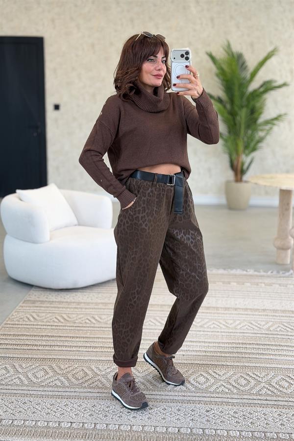 Leopar Desenli Deri Görünümlü Pantolon Kahverengi Renk