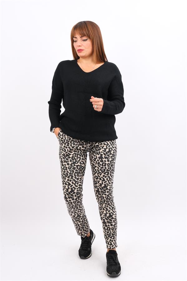 Leopar Desenli Deri Pantolon Bej Renk