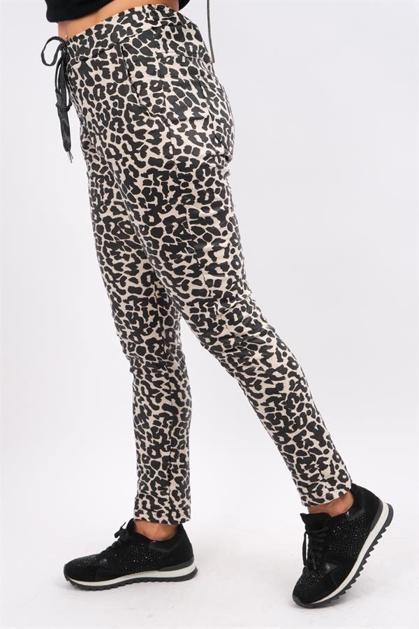 Leopar Desenli Deri Pantolon Bej Renk