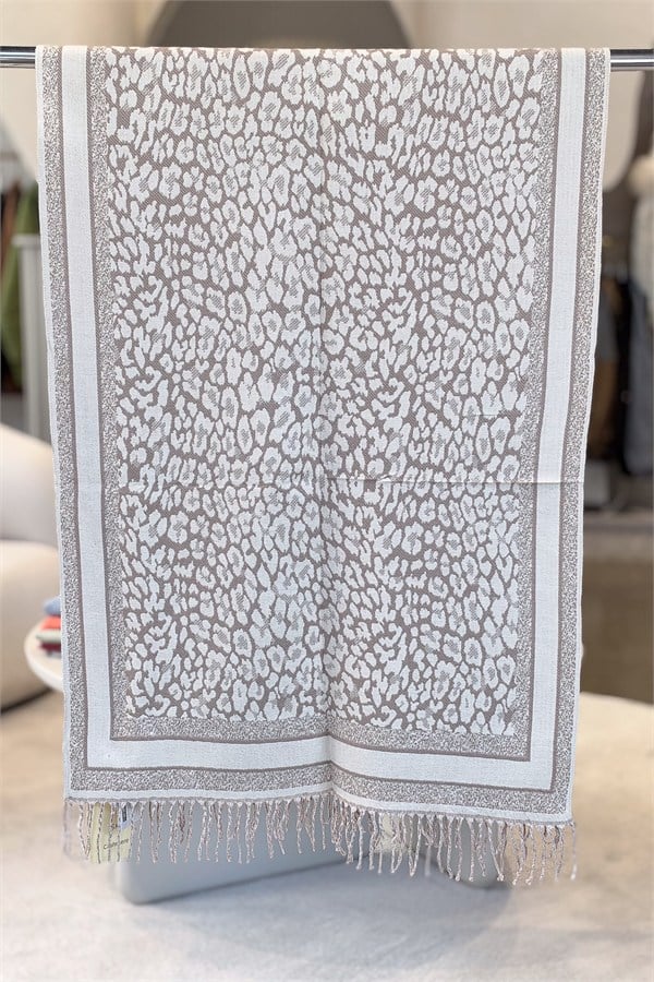 Leopar Desenli Kaşmir Şal Krem Renk