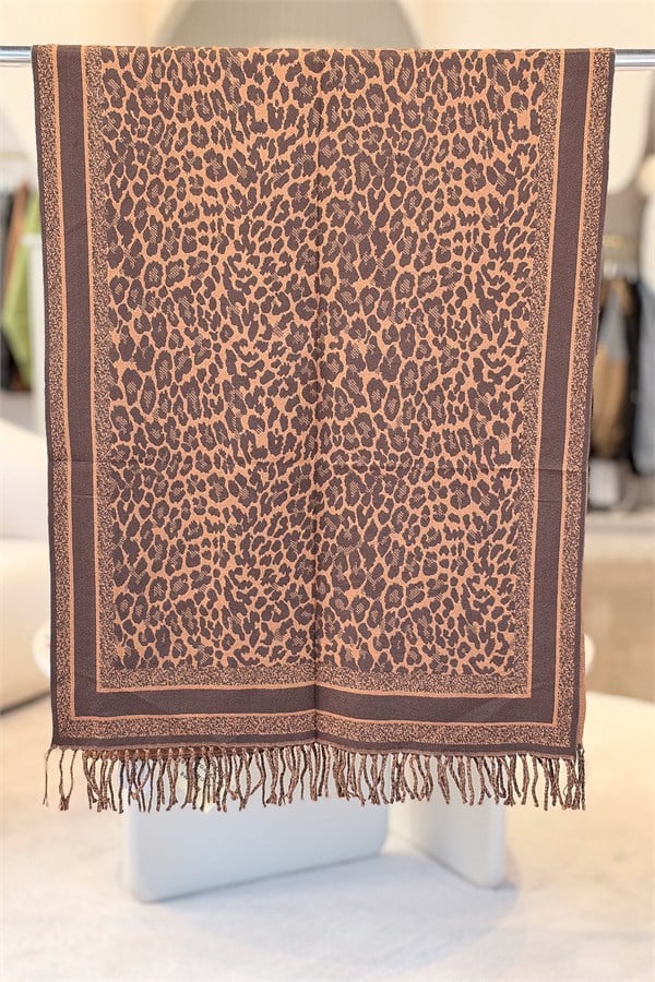 Leopar Desenli Kaşmir Şal Taba Renk