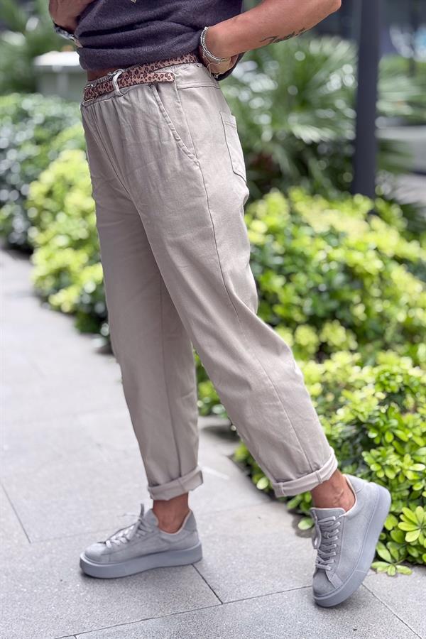 Leopar Kemerli Beli Lastikli Kanvas Pantolon Bej Renk