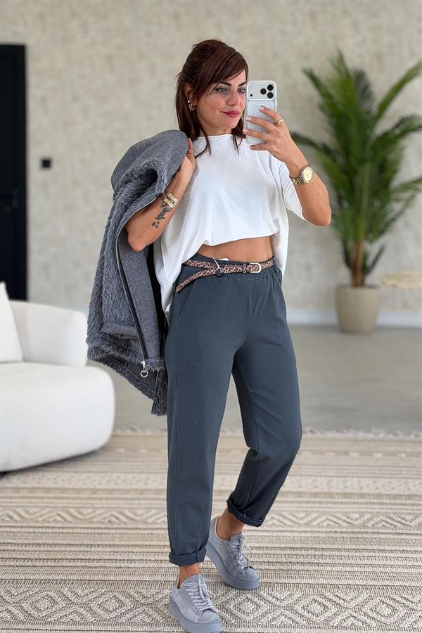 Leopar Kemerli Beli Lastikli Kanvas Pantolon Antresit Renk