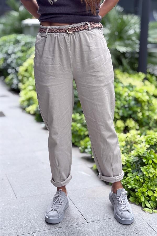 Leopar Kemerli Beli Lastikli Kanvas Pantolon Bej Renk