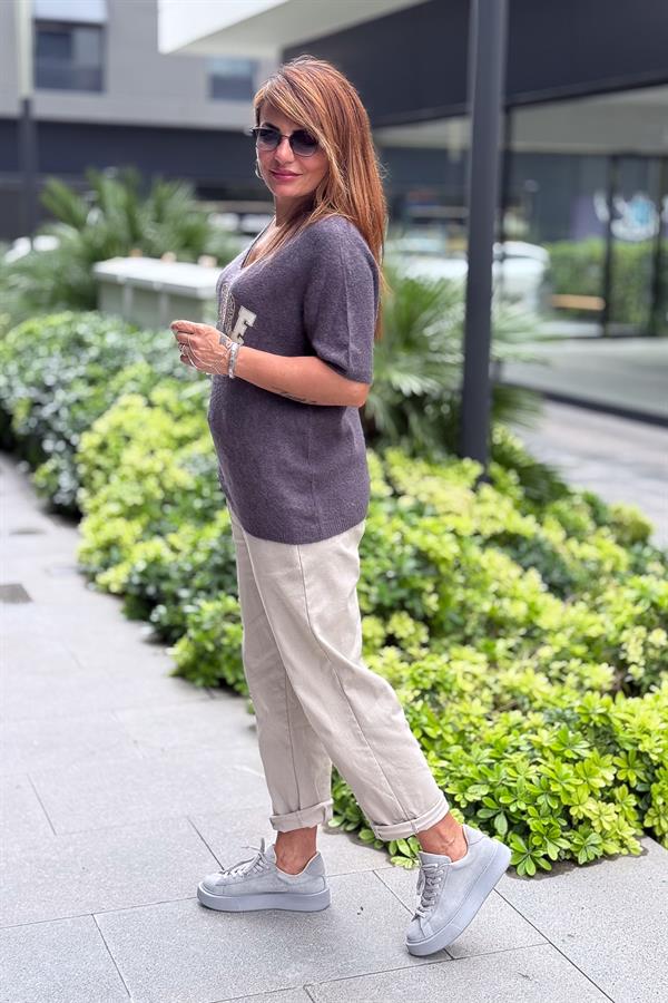 Leopar Kemerli Beli Lastikli Kanvas Pantolon Bej Renk