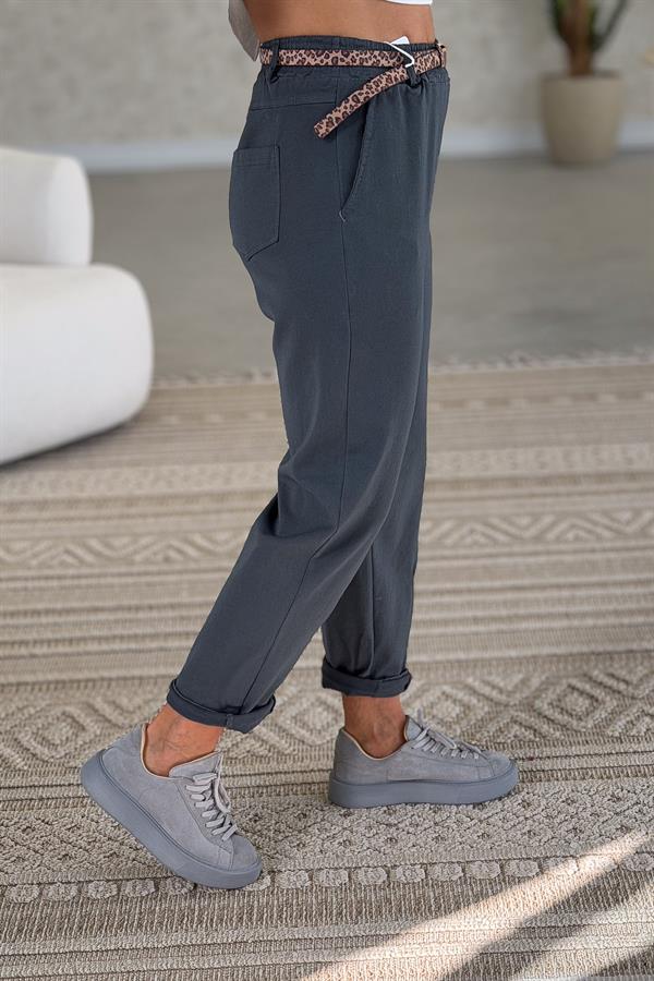 Leopar Kemerli Beli Lastikli Kanvas Pantolon Antresit Renk