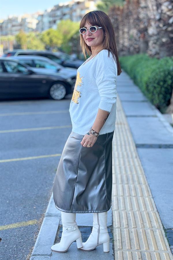 Leopar Kemerli Deri Görünümlü Etek Antresit Renk