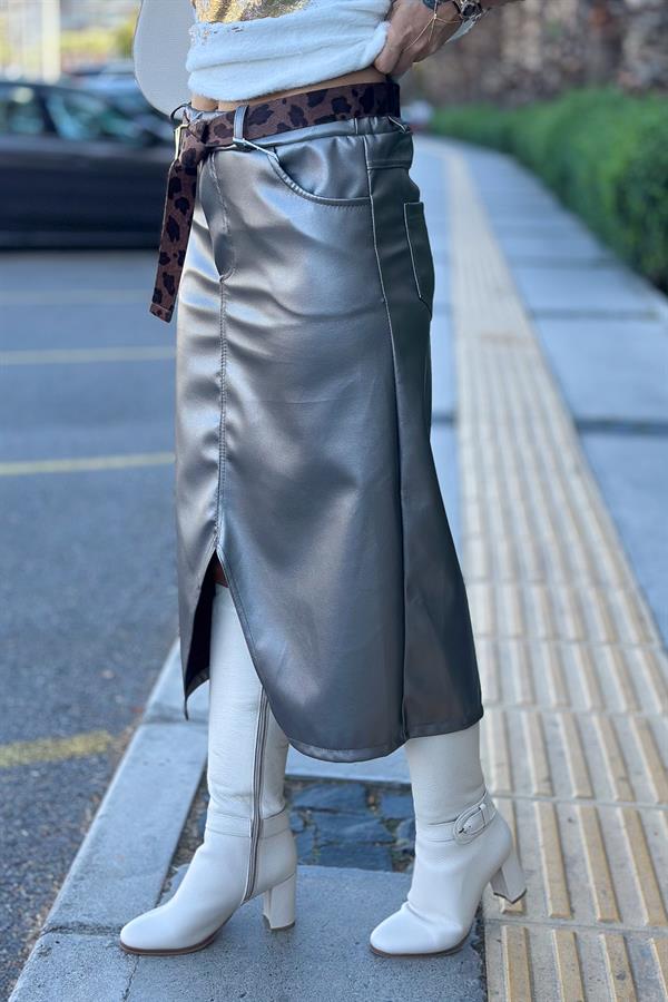 Leopar Kemerli Deri Görünümlü Etek Antresit Renk