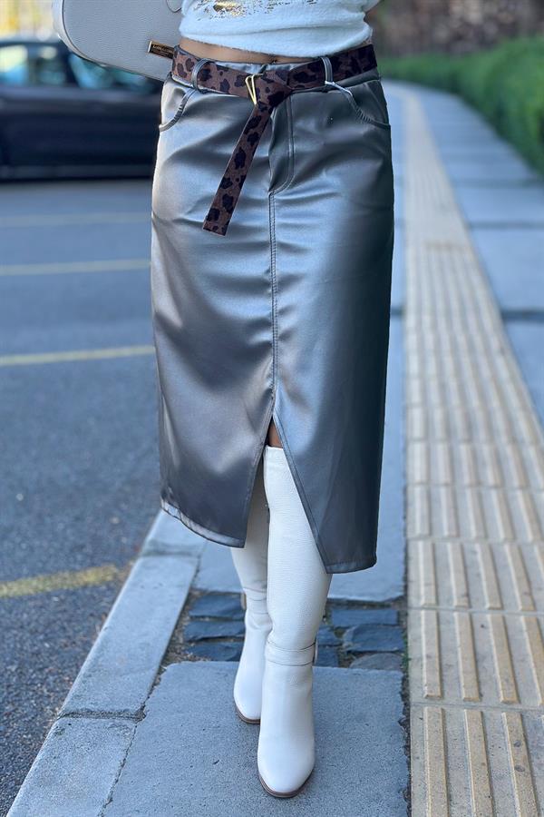 Leopar Kemerli Deri Görünümlü Etek Antresit Renk