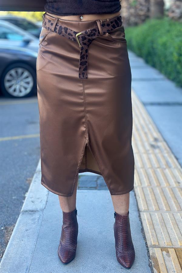 Leopar Kemerli Deri Görünümlü Etek Bakır Renk