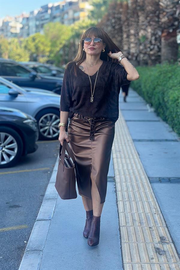 Leopar Kemerli Deri Görünümlü Etek Bakır Renk