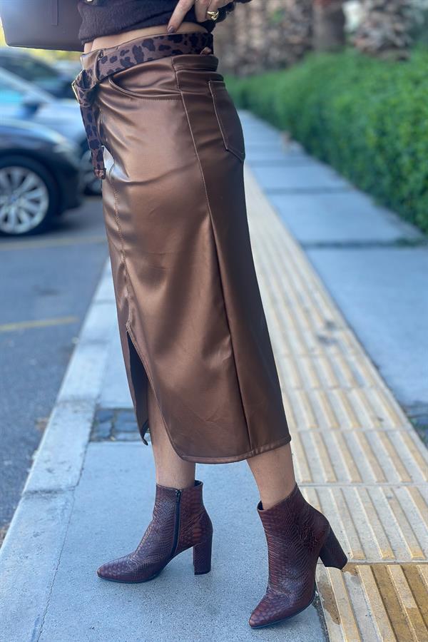 Leopar Kemerli Deri Görünümlü Etek Bakır Renk