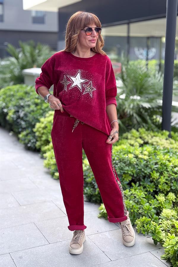 Leopar Şeritli Kadife Pantolon Bordo Renk