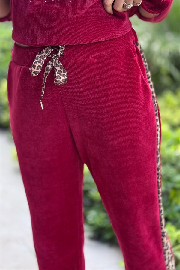 Leopar Şeritli Kadife Pantolon Bordo Renk