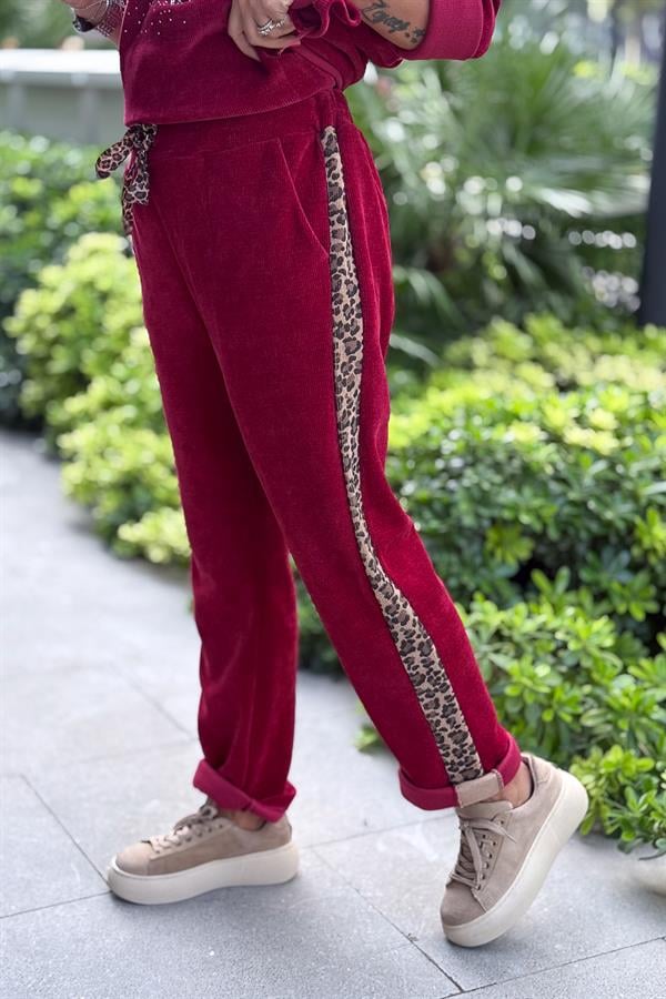 Leopar Şeritli Kadife Pantolon Bordo Renk