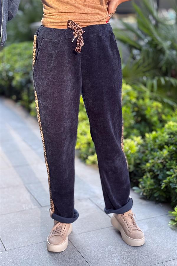 Leopar Şeritli Kadife Pantolon Lacivert Renk
