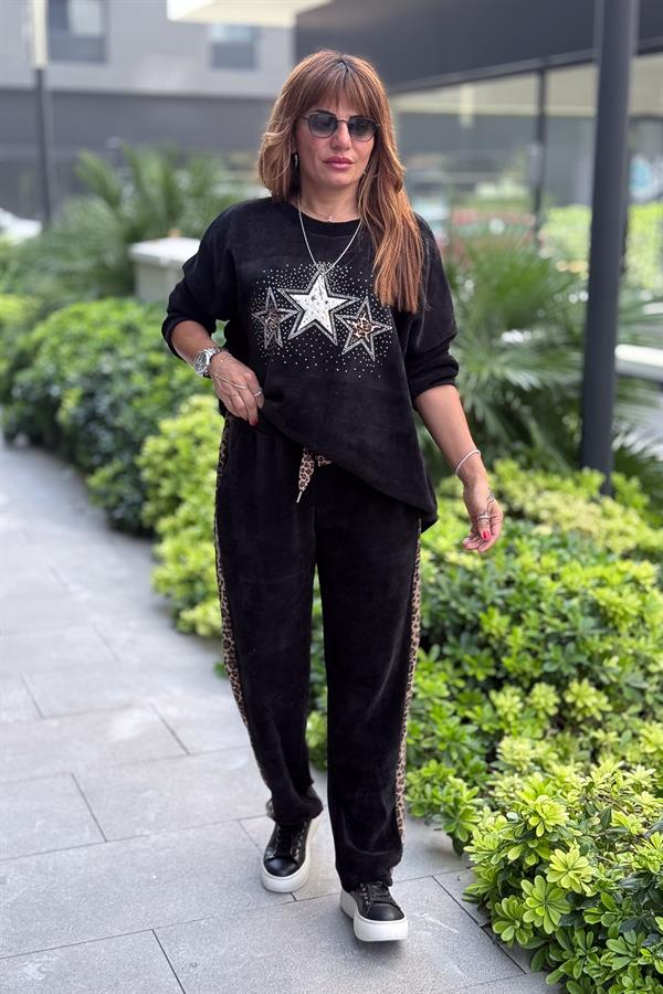 Leopar Şeritli Kadife Pantolon Siyah Renk