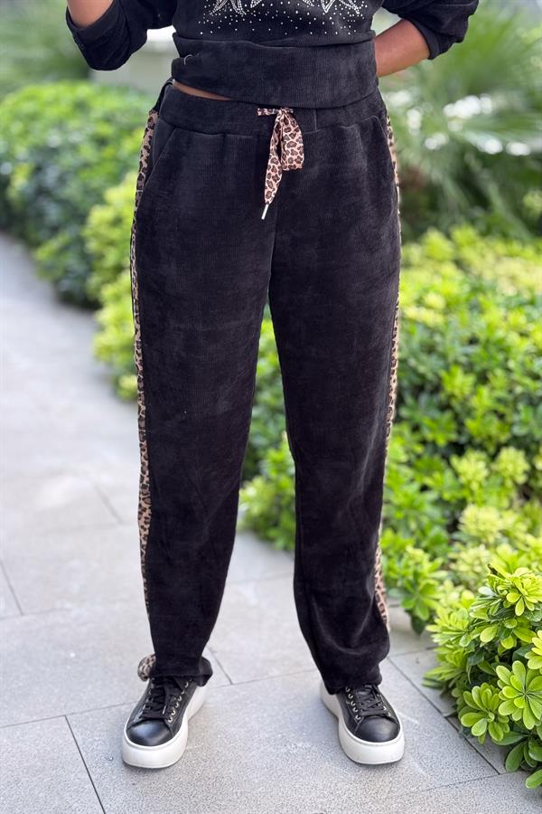 Leopar Şeritli Kadife Pantolon Siyah Renk