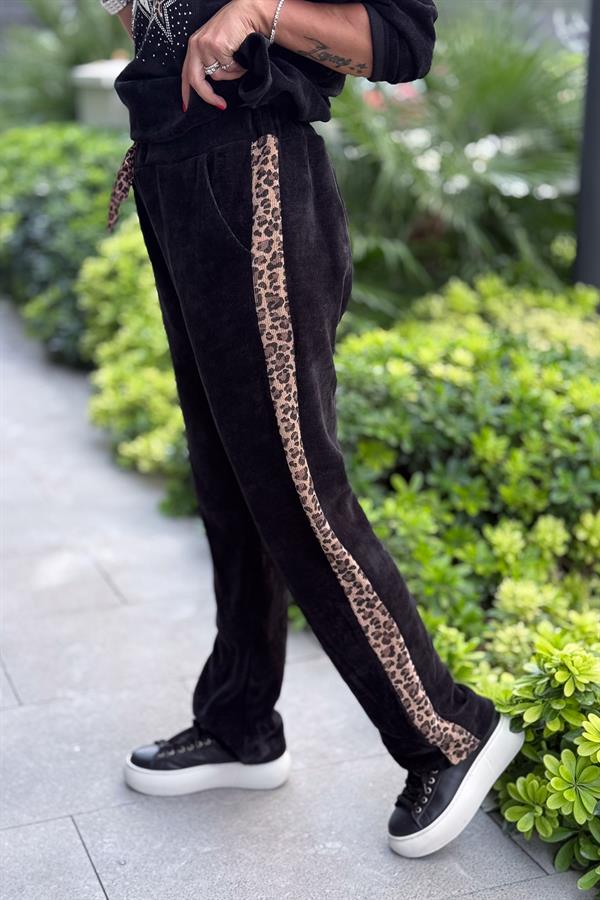 Leopar Şeritli Kadife Pantolon Siyah Renk