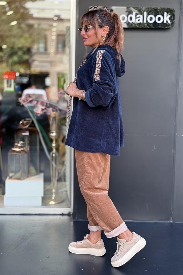 Leopar Şeritli Kapüşonlu Kadife Sweet Lacivert Renk