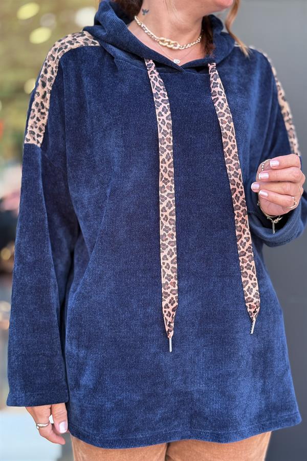 Leopar Şeritli Kapüşonlu Kadife Sweet Lacivert Renk