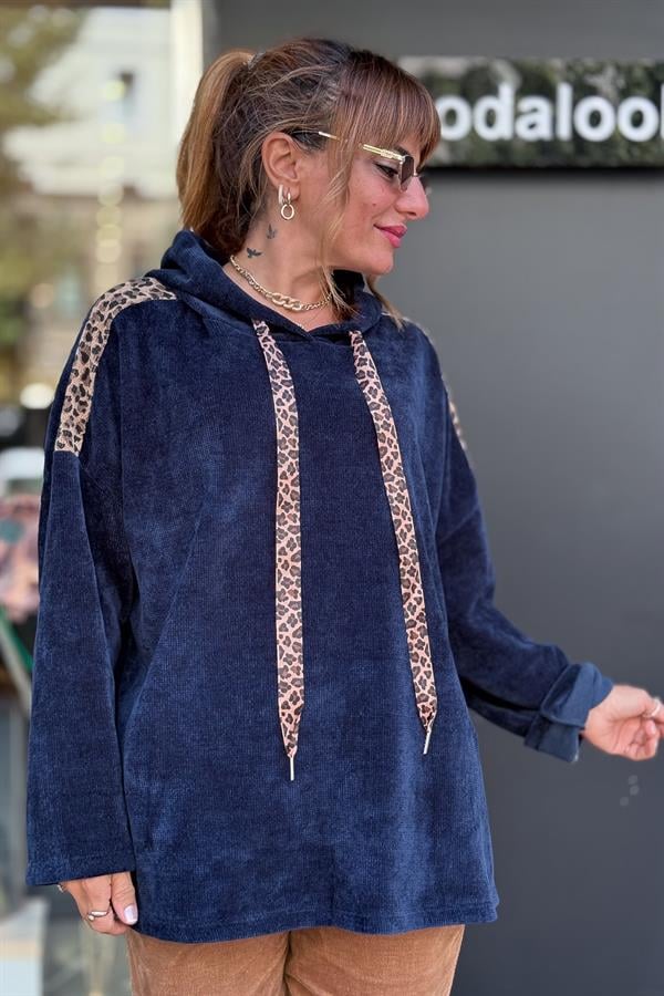 Leopar Şeritli Kapüşonlu Kadife Sweet Lacivert Renk